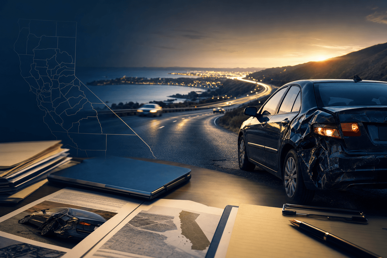 Premium California car accident legal intake visual with freeway collision response and statewide case review cues