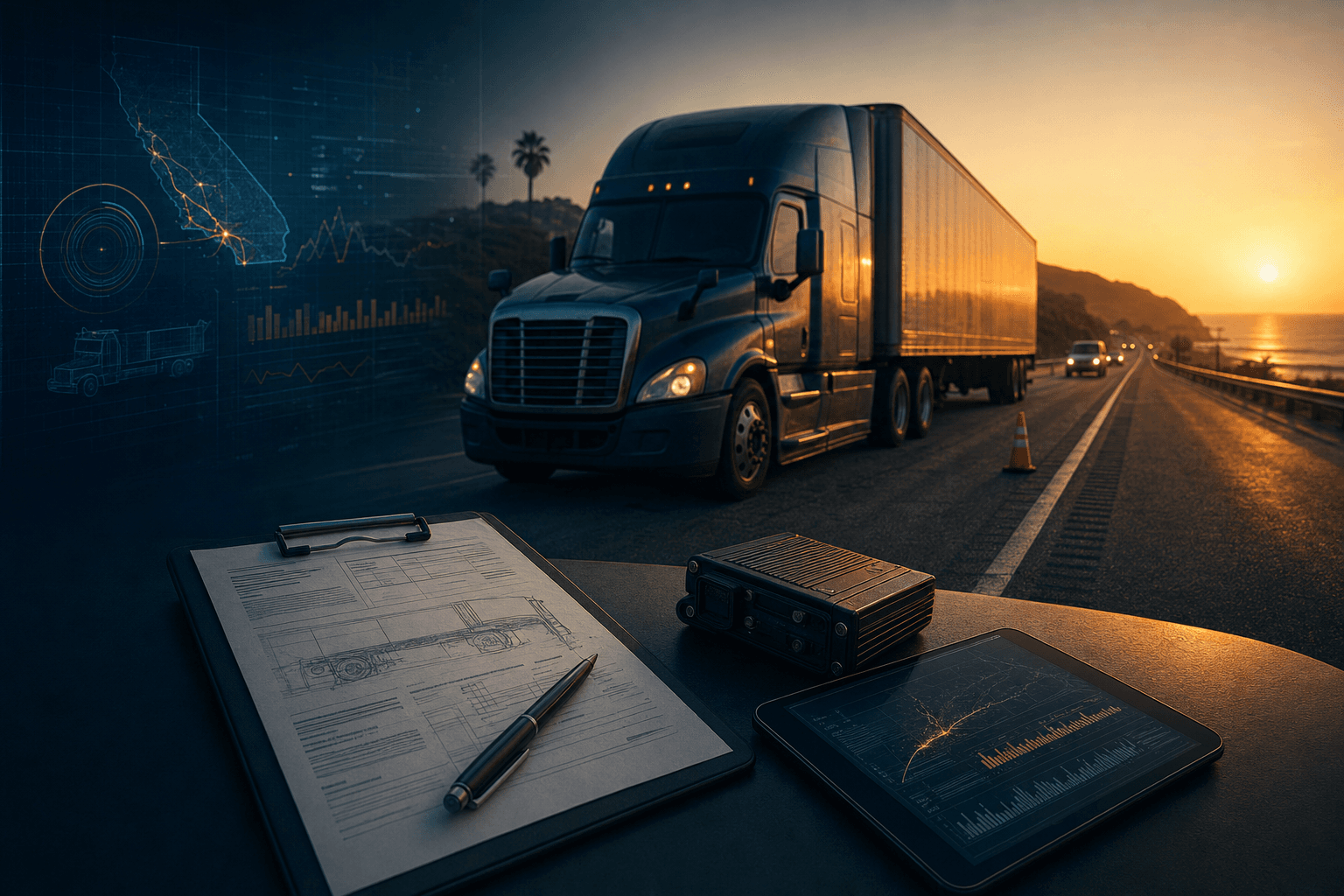Premium California truck accident legal intake visual with commercial vehicle evidence preservation cues